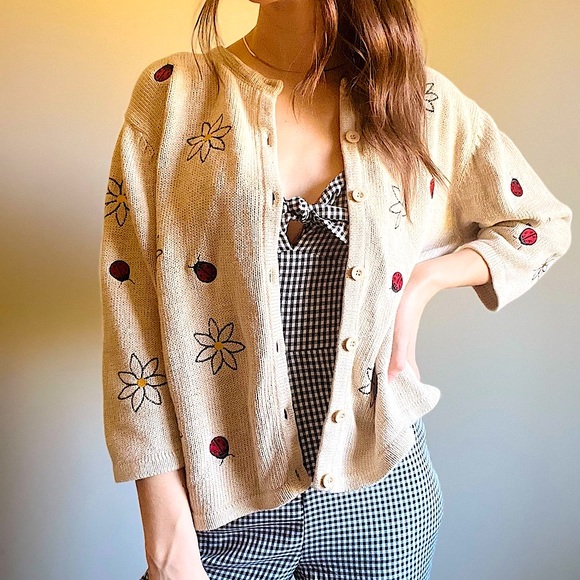 Christopher & Banks Sweaters - 90s Christopher & Banks Knit Embroidered Foral / Lady Bug Sweater